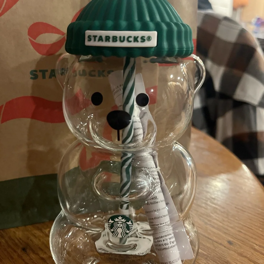 Starbucks Bear Glass with Green Top and Straw